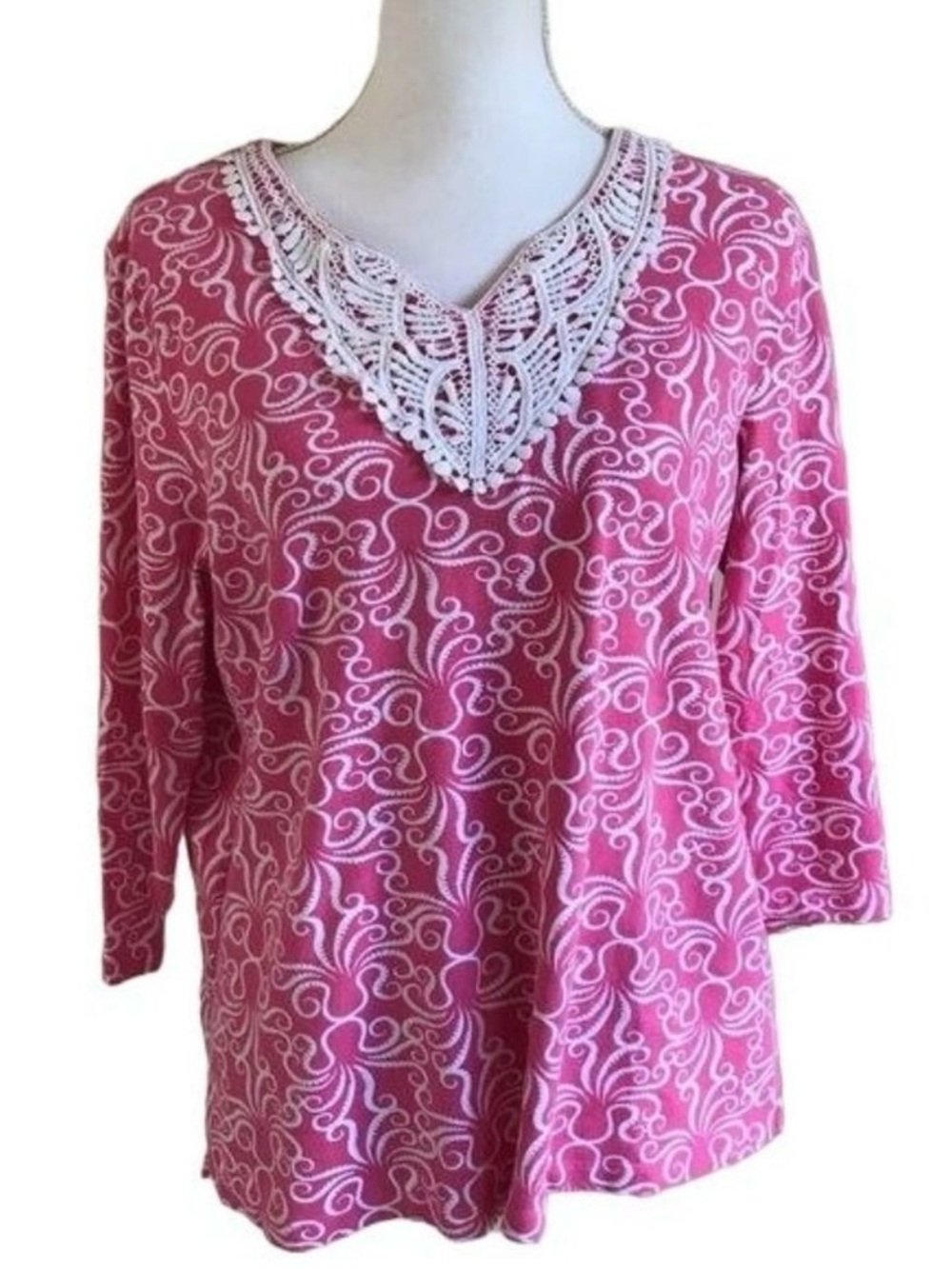 Alfred Dunner Pink White Octopus Print Crochet Trim Top Shirt Women M
